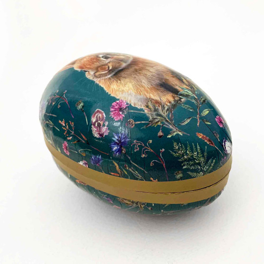 4-1/2" Bunny with Flowers on Teal Papier Mache Easter Egg Container ~ Germany